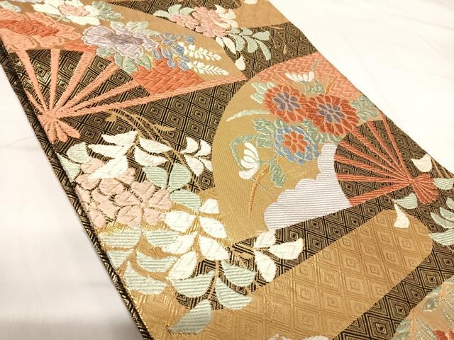 平和屋着物◎佐賀錦 六通柄袋帯 唐織 花扇 金糸 正絹 逸品 AABH0284yx