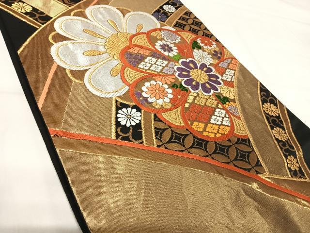 平和屋着物◎六通柄袋帯 唐織 吉祥花文 黒地 金銀糸 正絹 逸品 AABH0285yx