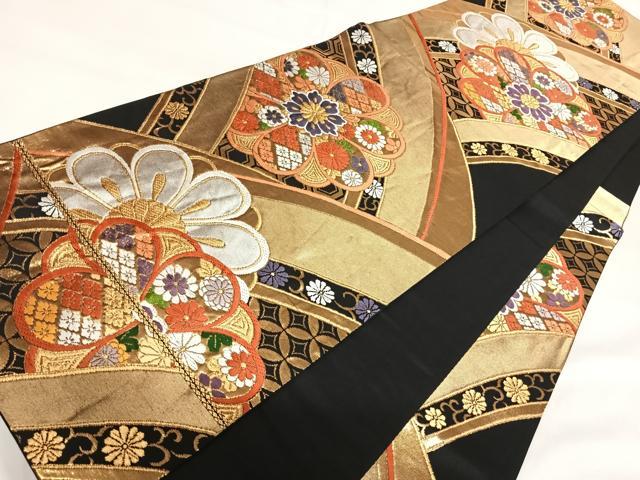 平和屋着物◎六通柄袋帯 唐織 吉祥花文 黒地 金銀糸 正絹 逸品 AABH0285yx