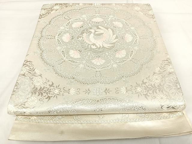 平和屋着物◎六通柄袋帯 唐織 孔雀花文 銀糸 正絹 逸品 AABH0291yx
