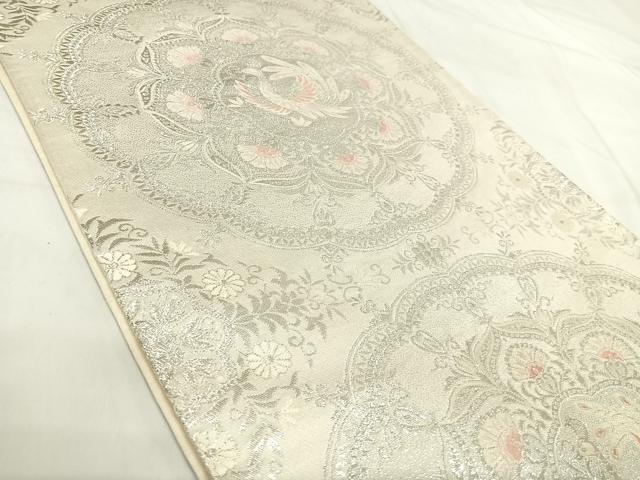 平和屋着物◎六通柄袋帯 唐織 孔雀花文 銀糸 正絹 逸品 AABH0291yx