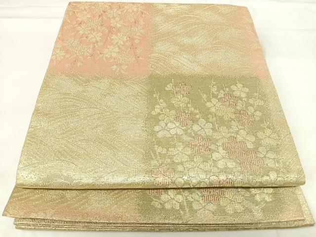 平和屋着物◎六通柄袋帯 市松花文 金糸 正絹 逸品 AABH0309yx