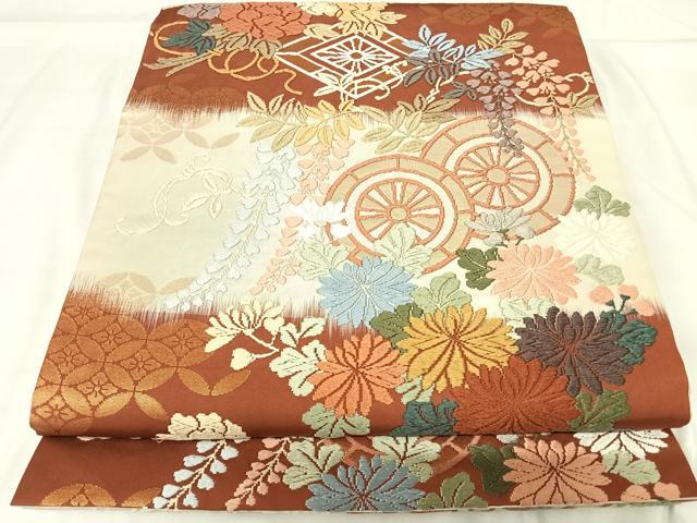 平和屋着物◎六通柄袋帯 唐織 花車文 金糸 正絹 逸品 AABH0313yx