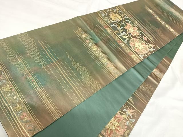 平和屋着物◎六通柄袋帯 唐織 陶漆箔 金蔓更紗横段文 正絹 逸品 AABH0314yx