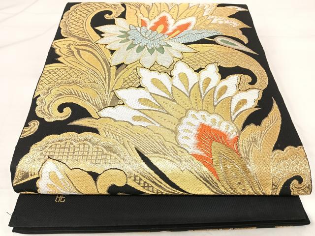 平和屋着物◎六通柄 本袋帯 唐織 更紗花文 黒地 金銀糸 正絹 逸品 AABH0341yx