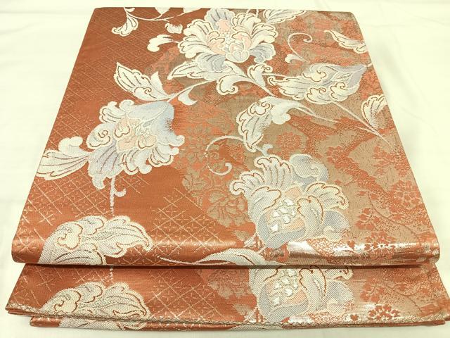 平和屋着物◎六通柄袋帯 唐織 更紗花文 銀糸 正絹 逸品 AABH0356yx