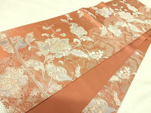 平和屋着物◎六通柄袋帯 唐織 更紗花文 銀糸 正絹 逸品 AABH0356yx