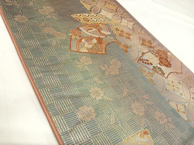 平和屋着物◎六通柄袋帯 地紙花鳥文 金糸 正絹 逸品 AABH0361yx
