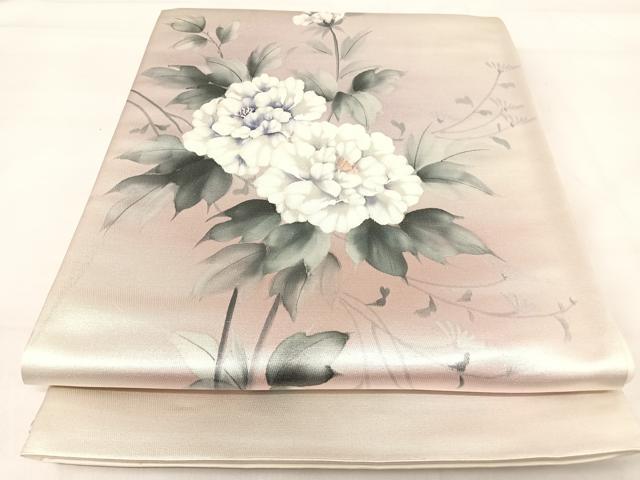 平和屋着物◎太鼓柄袋帯 作家物 手描き 草花文 銀糸 正絹 逸品 AABH0366yx