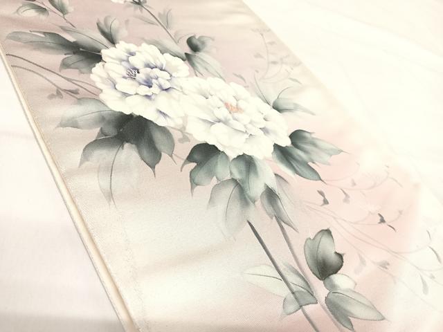 平和屋着物◎太鼓柄袋帯 作家物 手描き 草花文 銀糸 正絹 逸品 AABH0366yx