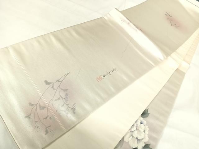 平和屋着物◎太鼓柄袋帯 作家物 手描き 草花文 銀糸 正絹 逸品 AABH0366yx