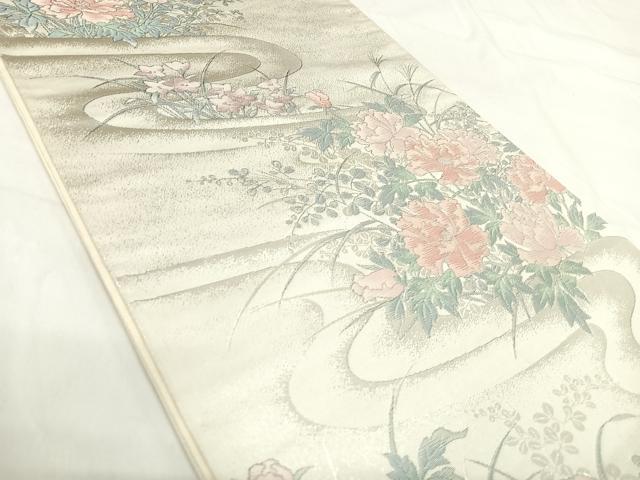 平和屋着物◎六通柄袋帯 流水花文 銀糸 正絹 逸品 AABH0372yx