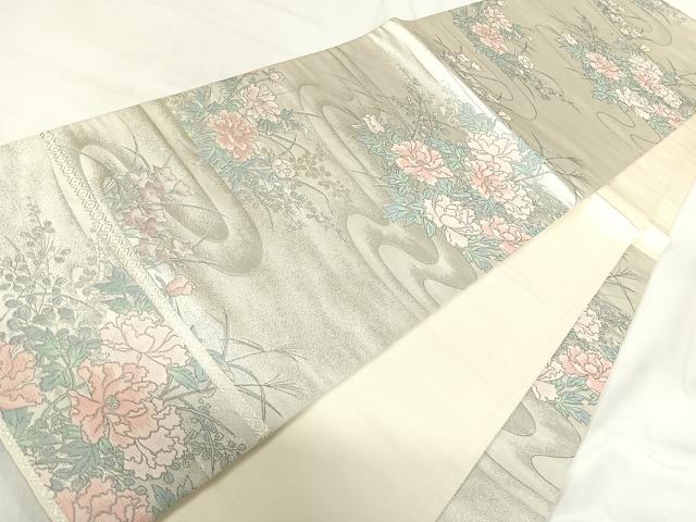 平和屋着物◎六通柄袋帯 流水花文 銀糸 正絹 逸品 AABH0372yx