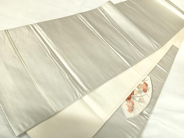 平和屋着物◎太鼓柄袋帯 刺繍 地紙花文 銀糸 正絹 逸品 AABH0384yx