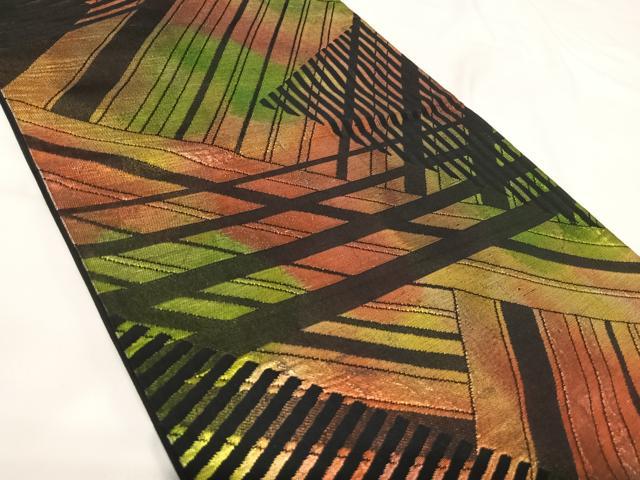 平和屋着物◎六通柄袋帯 幾何学文様 黒地 金糸 正絹 逸品 AABH0389yx