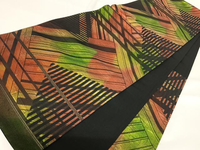 平和屋着物◎六通柄袋帯 幾何学文様 黒地 金糸 正絹 逸品 AABH0389yx