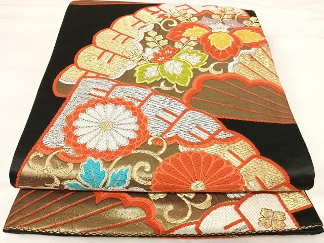 平和屋着物◎六通柄袋帯 唐織 扇面花文 黒地 金銀糸 正絹 逸品 AABH0400yx