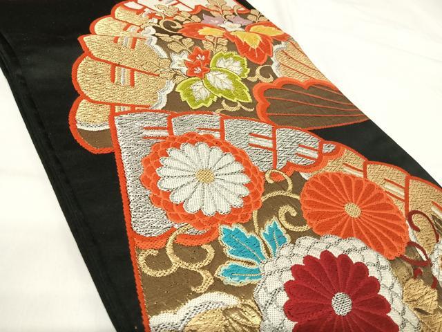 平和屋着物◎六通柄袋帯 唐織 扇面花文 黒地 金銀糸 正絹 逸品 AABH0400yx