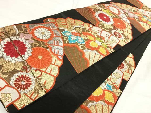 平和屋着物◎六通柄袋帯 唐織 扇面花文 黒地 金銀糸 正絹 逸品 AABH0400yx