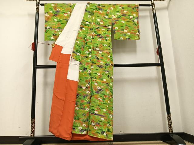 平和屋着物●上質な小紋 型染め 草花文 鬼しぼ縮緬 正絹 逸品 AABH0410ph