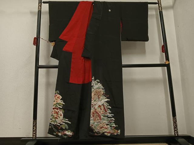 平和屋着物●アンティーク 大正ロマン 黒留袖 駒刺繍 飛鶴檜扇御所車草花文 金彩 正絹 逸品 AABH0423ph
