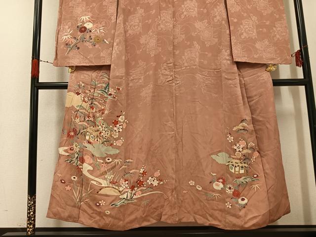 平和屋着物●アンティーク 大正ロマン 訪問着 友禅 駒刺繍 松竹梅風景文 金彩 正絹 逸品 AABH0425ph