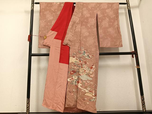 平和屋着物●アンティーク 大正ロマン 訪問着 友禅 駒刺繍 松竹梅風景文 金彩 正絹 逸品 AABH0425ph