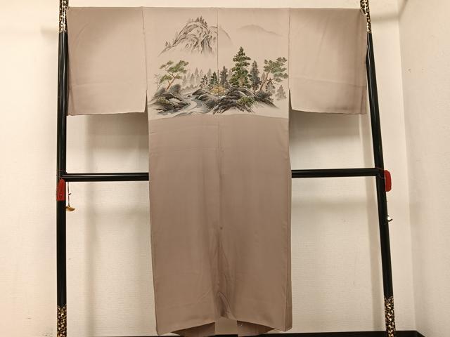 平和屋着物●男性 長襦袢 袷 手描き 風景樹林文 暈し染め 金彩 正絹 逸品 AABH0428ph