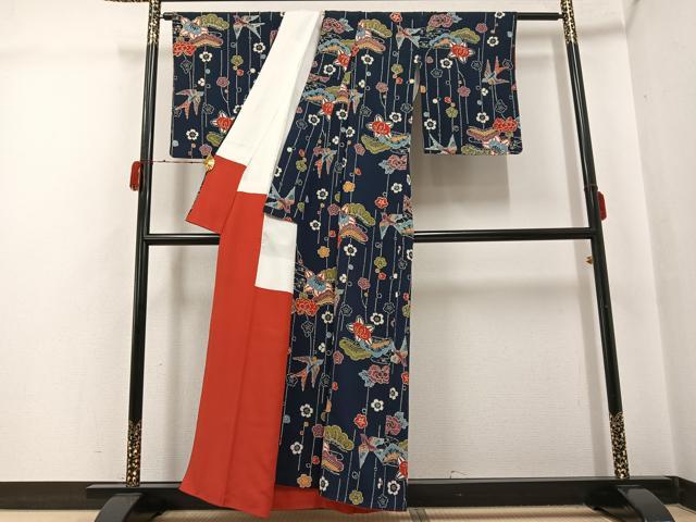 平和屋着物●上質な小紋 紅型 花鳥文 鬼しぼ縮緬 正絹 逸品 AABH0431ph