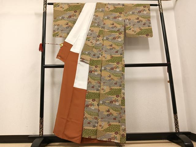 平和屋着物●上質な小紋 型染め 草花舞蝶文 鬼しぼ縮緬 三越扱い 正絹 逸品 AABH0445ph