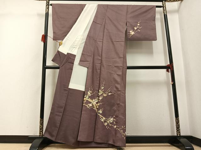 平和屋着物●訪問着 紬地 枝梅文 金銀糸 正絹 逸品 AABH0455ph
