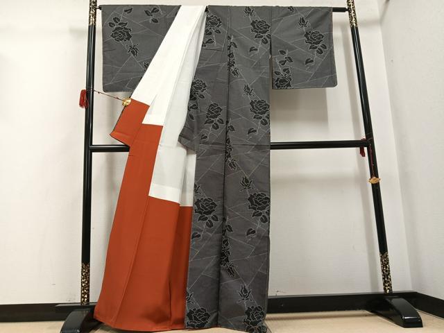 平和屋着物●お召 薔薇 バラ 正絹 逸品 未使用 AABH0472ph