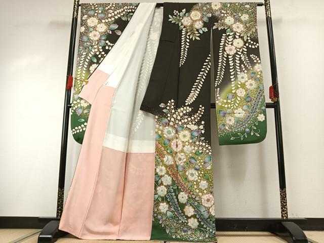 平和屋着物●豪華振袖 駒刺繍 辻が花 暈し染め 黒地 金彩 正絹 逸品 AABH0483fy