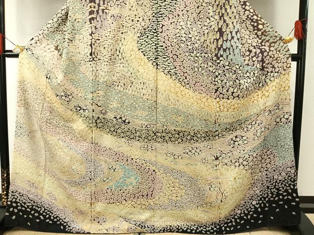 平和屋着物●訪問着 中国三大刺繍 相良刺繍 重ね絞り 流水花文 暈し染め 銀通し地 正絹 逸品 AABH0494fy