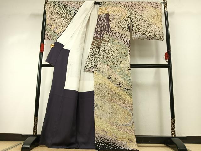 平和屋着物●訪問着 中国三大刺繍 相良刺繍 重ね絞り 流水花文 暈し染め 銀通し地 正絹 逸品 AABH0494fy