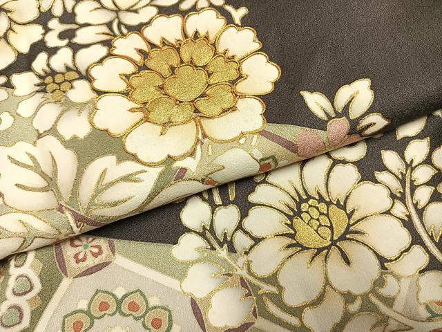 平和屋着物●豪華色留袖 駒刺繍 草花文 金彩 正絹 逸品 AABH0528fy
