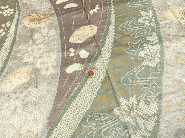 平和屋着物●訪問着 絞り 刺繍 地紙草花文 金糸 金彩 正絹 逸品 AABH0544fy