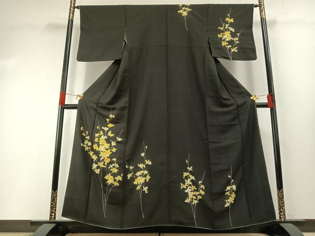 平和屋着物●訪問着 手描き 枝花文 黒地 正絹 逸品 AABH0570fy