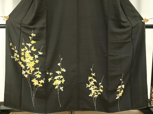 平和屋着物●訪問着 手描き 枝花文 黒地 正絹 逸品 AABH0570fy