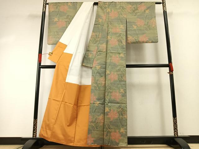 平和屋着物●上質な紬 草花文 正絹 逸品 AABH0588fy