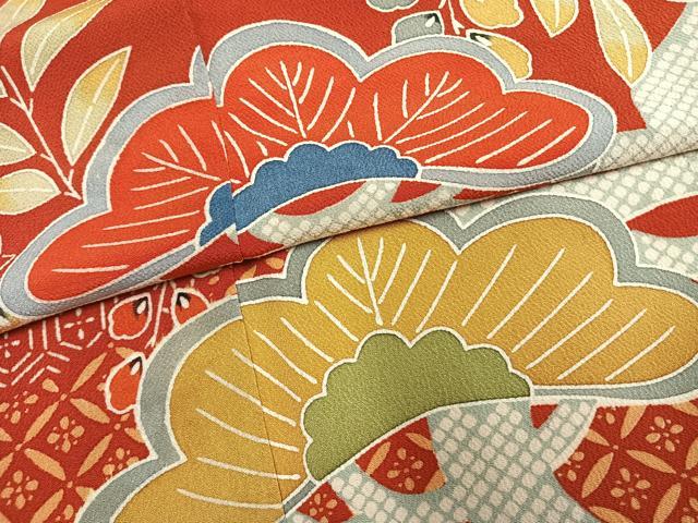 平和屋着物●豪華振袖 型染め 枝松文 鬼しぼ縮緬 正絹 逸品 AABH0590fy
