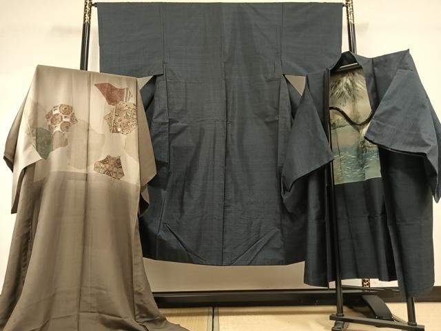 平和屋着物●男性 本場村山大島紬 アンサンブル 長襦袢(無双仕立て)セット 亀甲柄 正絹 逸品 AABH0595fy