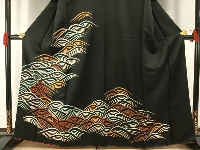 平和屋着物●訪問着 波文 黒地 金彩 正絹 逸品 AABH0625fy