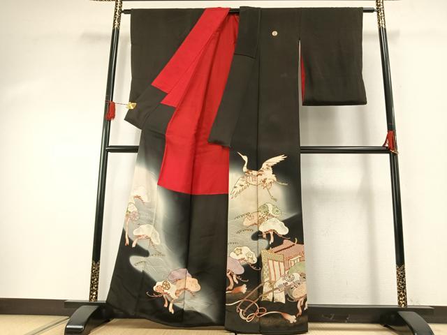 平和屋着物●アンティーク 大正ロマン 黒留袖 駒刺繍 飛鳥御所車松文 暈し染め 金彩 正絹 逸品 AABH0628fy