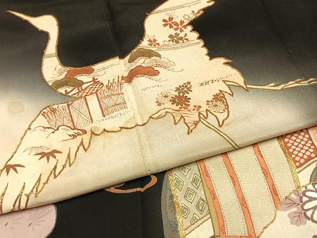 平和屋着物●アンティーク 大正ロマン 黒留袖 駒刺繍 飛鳥御所車松文 暈し染め 金彩 正絹 逸品 AABH0628fy