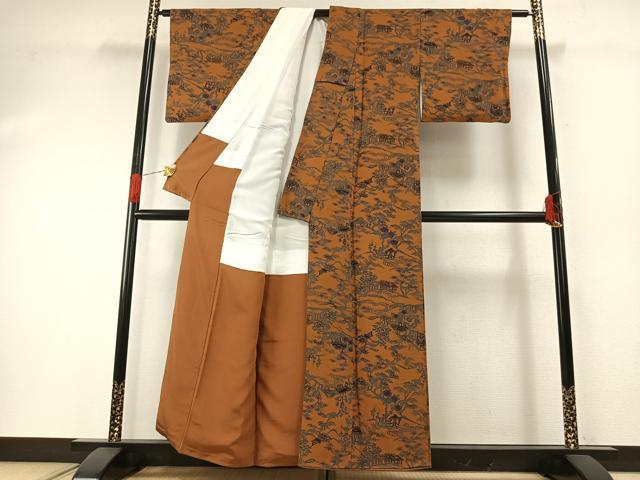 平和屋着物●宮内庁御用達 赤城右堂 小紋 型染め 風景花文 鬼しぼ縮緬 正絹 逸品 AABH0637fy