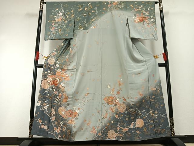 平和屋着物●十日町友禅作家　松雨　訪問着　扇面雪輪花文　暈し染め　金銀彩　正絹　逸品　AABH0663fy 平和屋着物○十日町友禅作家 松雨 訪問着 扇面雪輪花文 暈