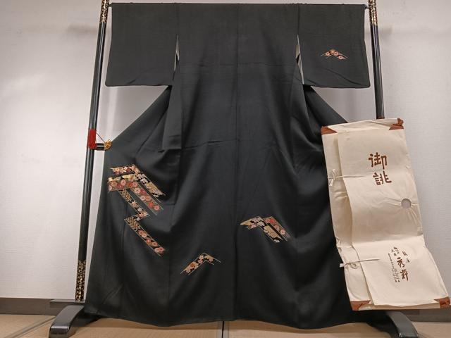 平和屋着物●訪問着 総刺繍 松竹梅 黒地 金彩 金糸 銀座秀粋 たとう紙付き 正絹 逸品 AABH0682fy