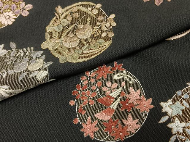 平和屋着物●訪問着 総刺繍 花丸文 黒地 金銀糸 銀座秀粋 たとう紙付き 正絹 逸品 AABH0683fy