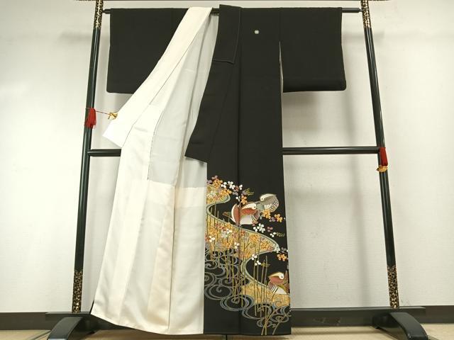 平和屋着物●豪華黒留袖 友禅 駒刺繍 流水花鳥文 金彩 正絹 逸品 AABH0689fy